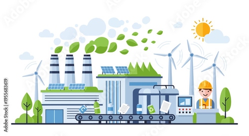 Sustainable Manufacturing: Green Factory with Renewable Energy, Recycling Process, and Worker