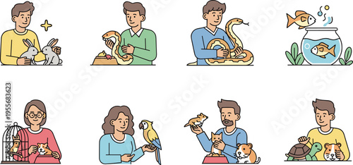 People Caring for Pets Set with Birds Snake Fish Turtle and Small Animals, Cartoon Human Interaction Collection for Veterinary, Adoption, and Pet Care Illustration