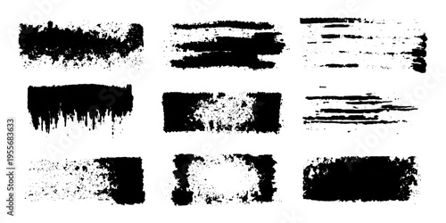 Grungy brush stroke texture set with black paint splashes. ink stains rough artistic background creative design.