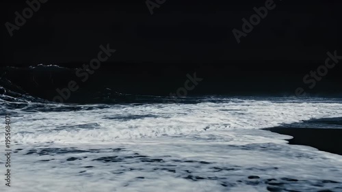 Powerful ocean wave crashes onto dark shore with dramatic spray and white foam at night, dynamic