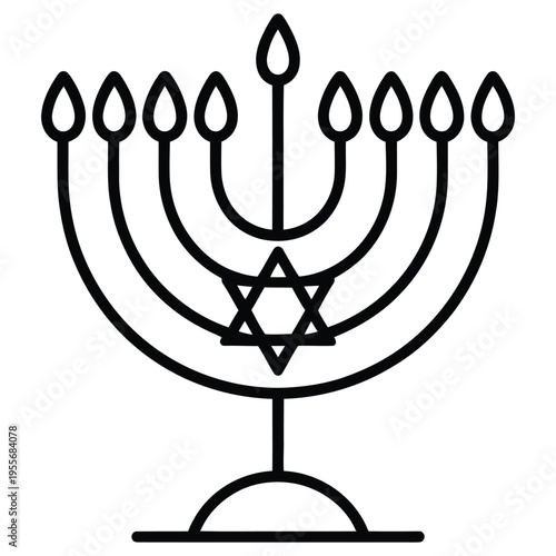 minimalist menorah line art with star of david symbol, hanukkah jewish holiday concept, black outline illustration on white background