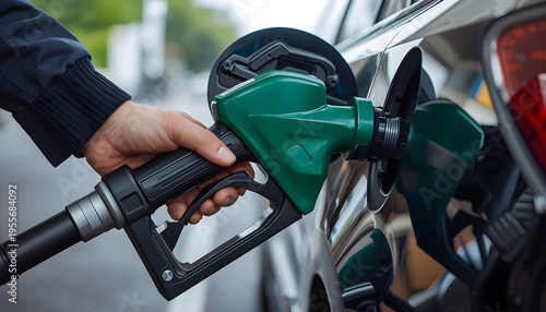 Hand refueling green gasoline nozzle into car fuel tank at gas station during daytime