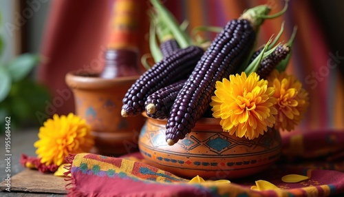Purple corn cobs in decorative bowl with yellow flowers. Andean table setting with striped fabric. Cultural harvest, traditional food, and botanical display.
