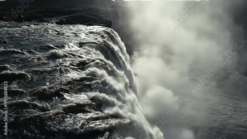 Powerful Waterfall Cascading Over Rugged Cliff Edge into Misty Abyss, Dramatic Natural Landscape