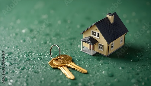 Golden key resting beside miniature house model on textured green surface symbolizing home ownership and real estate investment