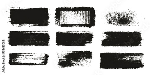 Grungy brush stroke texture set with black paint splashes. ink stains rough artistic background creative design.
