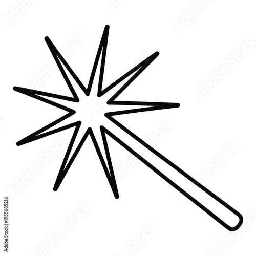 minimal line art illustration of magic wand with spark star fantasy symbol enchantment concept outline icon isolated on white background