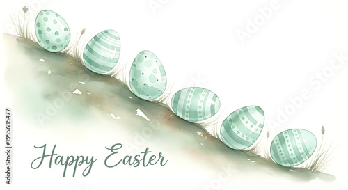 Easter Egg Watercolor: A charming watercolor illustration features an array of beautifully decorated pastel Easter eggs arranged on a subtle incline, evoking the joy and freshness of the season. 