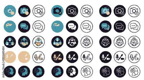 Vibrant circular badges showcasing social media and technology icons in a modern colorful matrix design