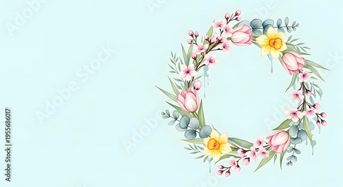 Floral Wreath Elegance: A delicate, watercolor-style floral wreath, crafted from tulips, daffodils, and other spring blossoms, symbolizes renewal and celebration.