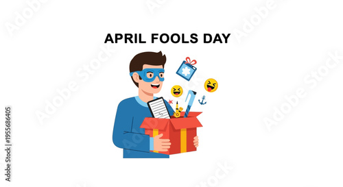 A cartoon man in blue holds a red gift box with a surprised expression on April Fools' Day with a humorous and colorful illustration design