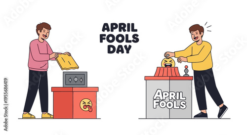 Two cartoon men playing a prank on April Fools' Day with a safe and a trash can in a humorous and colorful illustration vector