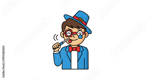 Cartoon illustration of a man in a blue suit and hat holding a smoking cigarette on April Fools' Day with a humorous expression