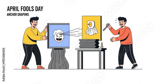 Two men play a prank on each other with paintings on April Fools' Day, laughing and having fun with colorful illustrations