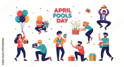 Vector illustration of people celebrating April Fools' Day with colorful balloons, gifts, and pranks in a joyful and humorous scene