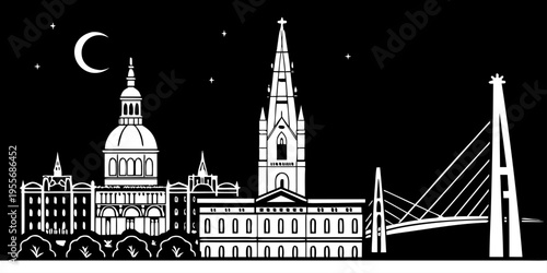 USA, US, U.S, United States - Charleston Skyline Minimal SVG – Simple Geometric Black & White Historic Cityscape Vector, Clean Line Southern Architecture Silhouette for Digital Art and Prints