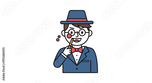 A cartoon character in a blue suit and hat holds a cigar, conveying a humorous and playful mood with a simple design