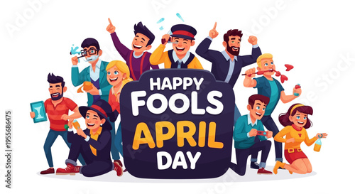 Illustration of diverse cartoon people celebrating April Fools' Day with a sign and joyful expressions in a colorful design