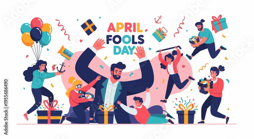 A colorful illustration of people celebrating April Fools' Day with balloons, gifts, and pranks in a joyful and humorous scene