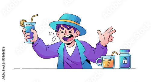 Cartoon illustration of a man in a purple suit and blue hat holding a cocktail with a prankster expression on April Fools' Day