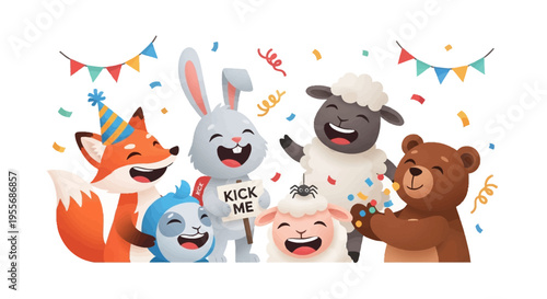 Colorful cartoon illustration of a group of happy animals celebrating April Fools' Day with a prank and festive decorations