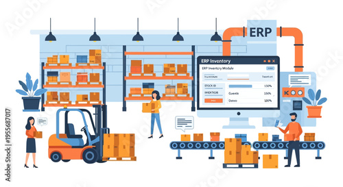 ERP Inventory Management System in Modern Warehouse. Digital Logistics, Supply Chain Optimization, and Automated Storage Solutions.