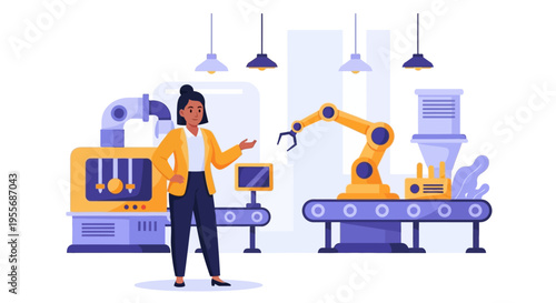 Female Engineer Supervising Robotic Arm and Automated Production in Modern Smart Factory - Industry 4.0 Concept Illustration