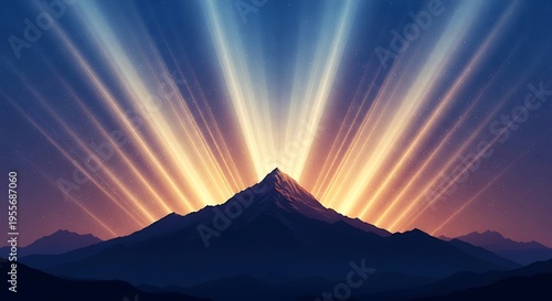 Majestic Mountain Peak Bathed in Golden Light Rays at Dawn, Illuminating a Serene Landscape with a Vibrant Sky, Evoking a Sense of Hope and Grandeur