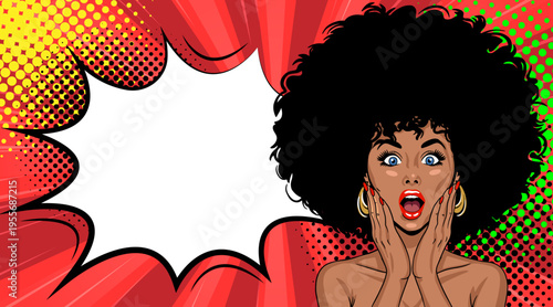 Pop Art Surprised African American Woman with Speech Bubble - Retro Comic Book Style Illustration with Shocked Afro Girl and Red Explosion Background