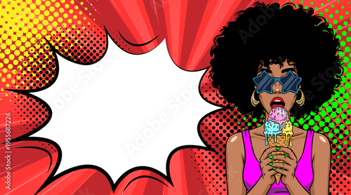 Pop Art African American Woman Eating Ice Cream Cone with Speech Bubble - Retro Comic Book Style Illustration with Afro Girl in Sunglasses