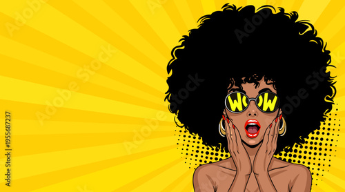 Pop Art Surprised African American Woman - Retro Comic Book Style Illustration with Afro Girl Hands on Face and Yellow Sunburst Background
