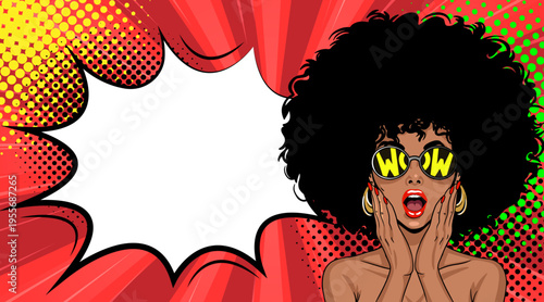 Pop Art Wow African American Woman with Speech Bubble - Retro Comic Book Style Illustration with Afro Girl in WOW Sunglasses