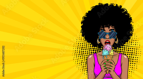 Pop Art African American Woman Eating Ice Cream Cone - Retro Comic Book Style Illustration with Afro Girl in Sunglasses and Yellow Sunburst Background