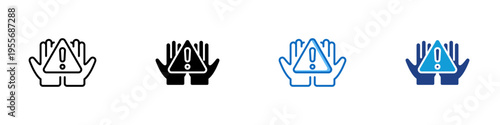 Risk Protection Multiple Style Icon Design Vector - Hands holding warning triangle representing risk mitigation, safety control, and emergency awareness