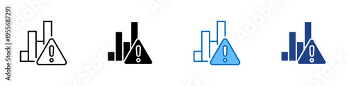 Bar Chart Failure Multiple Style Icon Design Vector - Bar chart with warning triangle representing data failure, performance decline, and analytics error
