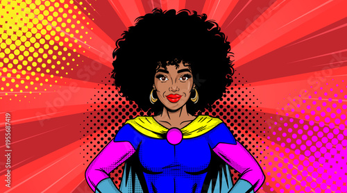 Pop Art Superhero Woman Portrait - Retro Comic Book Style Illustration with African American Superhero Girl and Colorful Sunburst Background