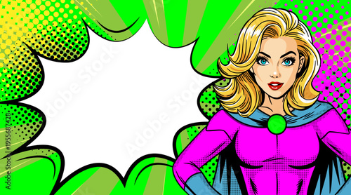 Pop Art Blonde Superhero Woman with Speech Bubble - Retro Comic Book Style Illustration with Girl in Purple Costume and Green Background