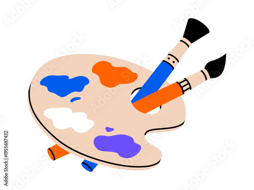 Hand drawn cute illustration of palette and two brushes. Flat vector paintbrush with oil or acrylic paints doodle. Creative hobby supplies. Designer or painter. Art and craft sticker, icon. Isolated.