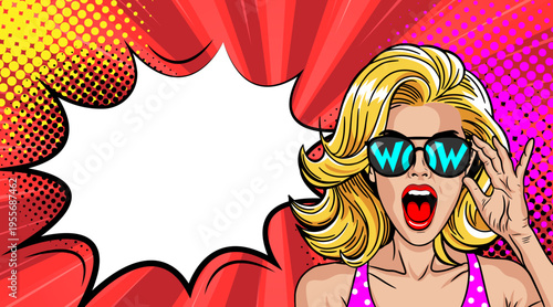 Pop Art Wow Blonde Woman with Speech Bubble - Retro Comic Book Style Illustration with Girl in Sunglasses and Red Background