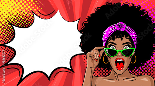 Pop Art Surprised African American Woman with Speech Bubble - Retro Comic Book Style Illustration with Afro Girl in Sunglasses and Headband