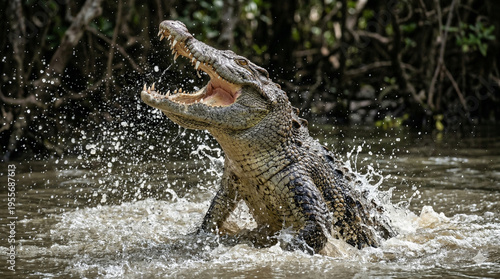 Massive Saltwater Crocodile Lunging Aggressively from Water with Jaws Wide Open - Scary Hunt