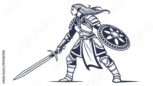 A female warrior in armor holding a sword and shield in a powerful stance