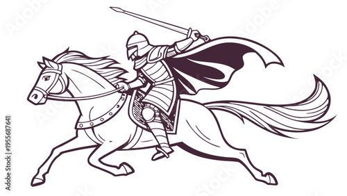 A medieval knight in armor riding a horse with a sword in hand