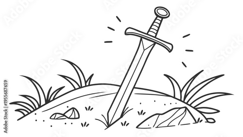 A sword stuck in the ground with grass and rocks around it in a simple line art style