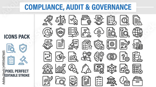 Compliance, Audit & Governance Icon Set Pack — Regulation, Legal, Risk, Pixel Perfect Editable Vector