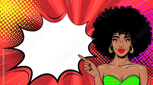 Pop Art Woman Pointing to Speech Bubble with Afro - Retro Comic Book Style Illustration with African American Girl in Green Top and Red Background