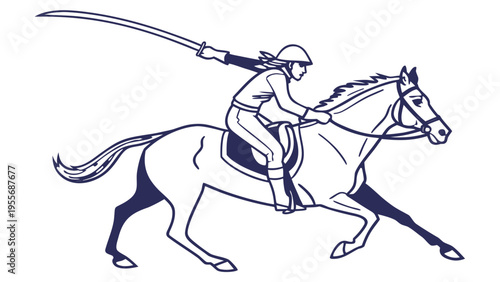 A vector graphic illustration of a woman riding a horse and holding a sword