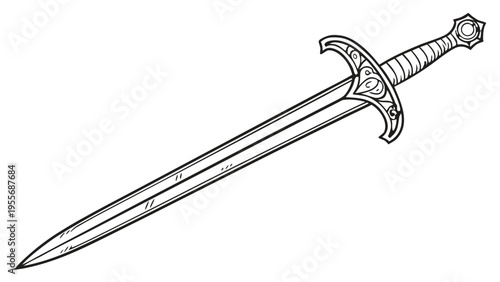 A detailed vector illustration of a medieval sword with an ornate hilt and sharp blade
