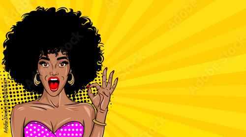 Pop Art Woman Making OK Gesture - Retro Comic Book Style Illustration with African American Girl in Purple Top and Yellow Sunburst BackgroundWeb