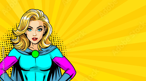Pop Art Superhero Woman Portrait - Retro Comic Book Style Illustration with Blonde Girl in Blue Costume and Yellow Sunburst Background